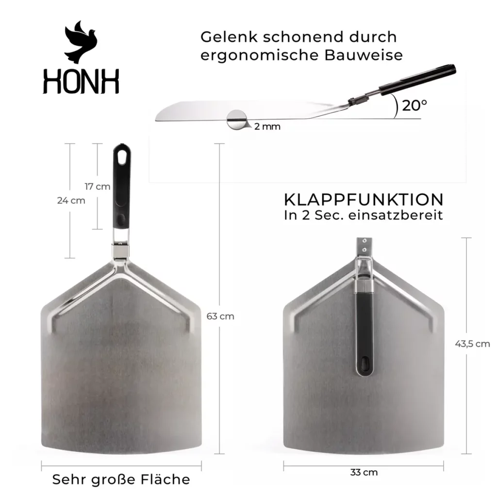 Amazon Infografik – klappbarer Pizzaschieber mit Maßangaben
