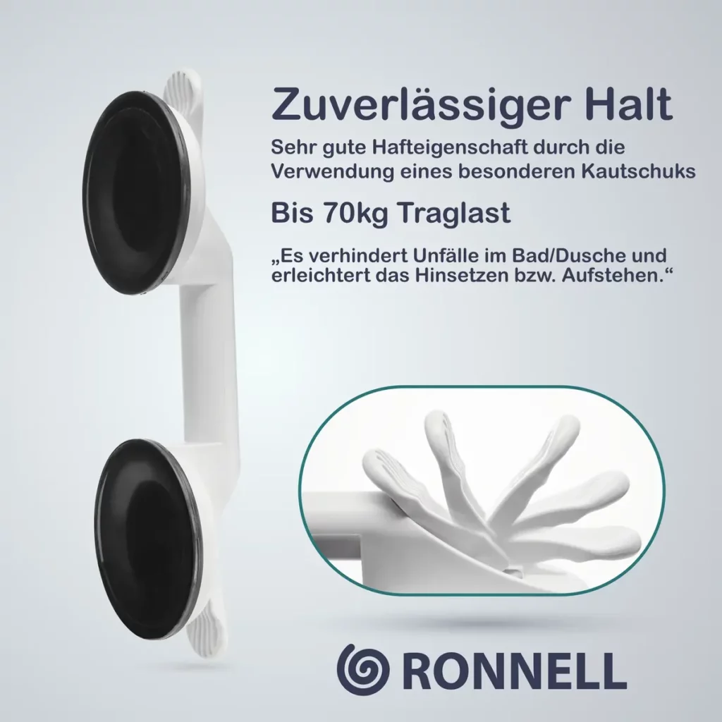 Amazon Listing Duschgriff – Vorteilsbild mit Saugnäpfen und Angabe zur Traglast